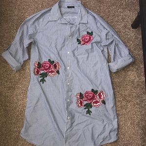 Striped Blue & White Dress w/ Roses